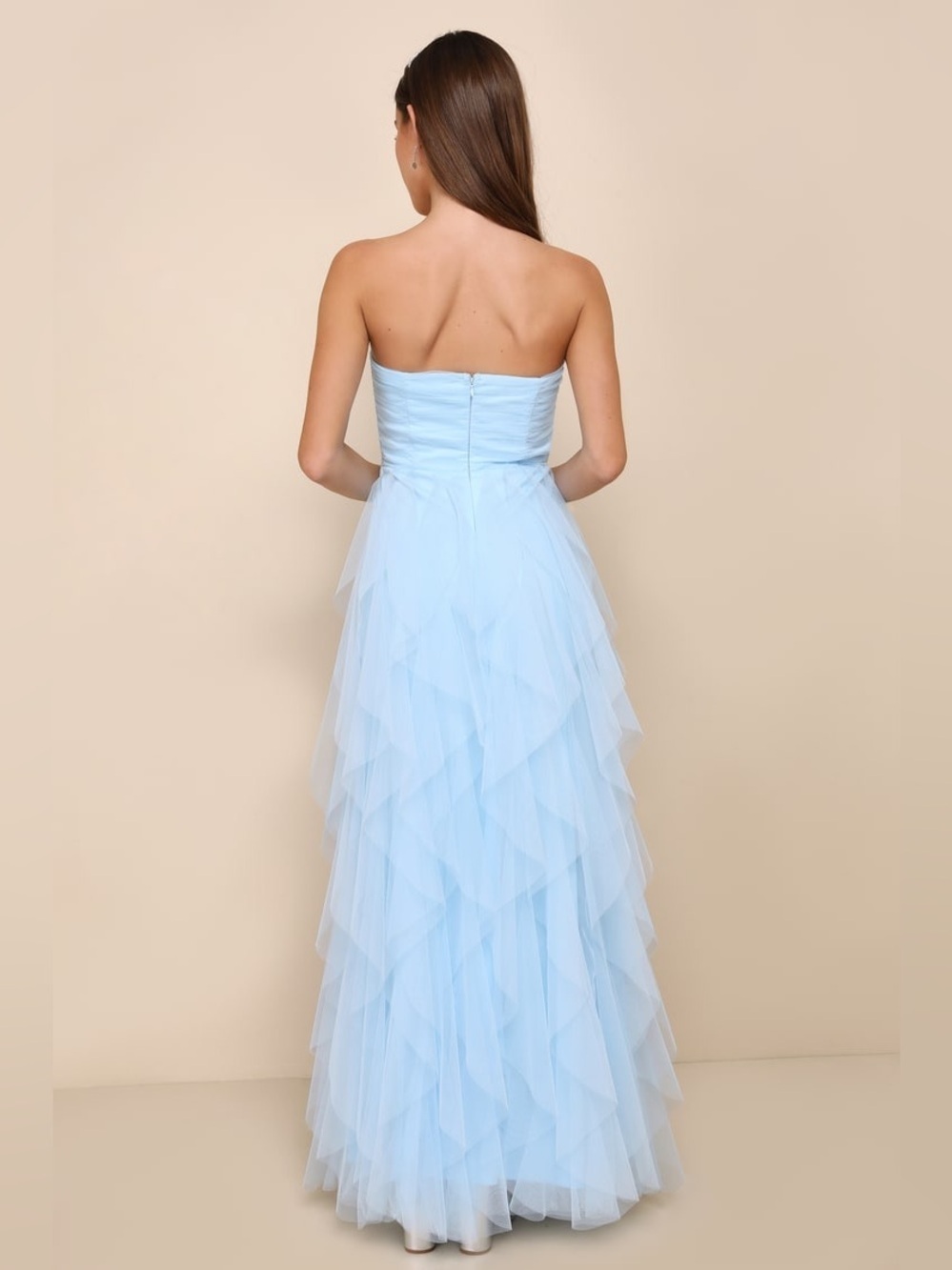 Lulu's Delightfully Beauty Blue Mesh Strapless Ruched Ruffled Maxi Dress. - Picture 2 of 8